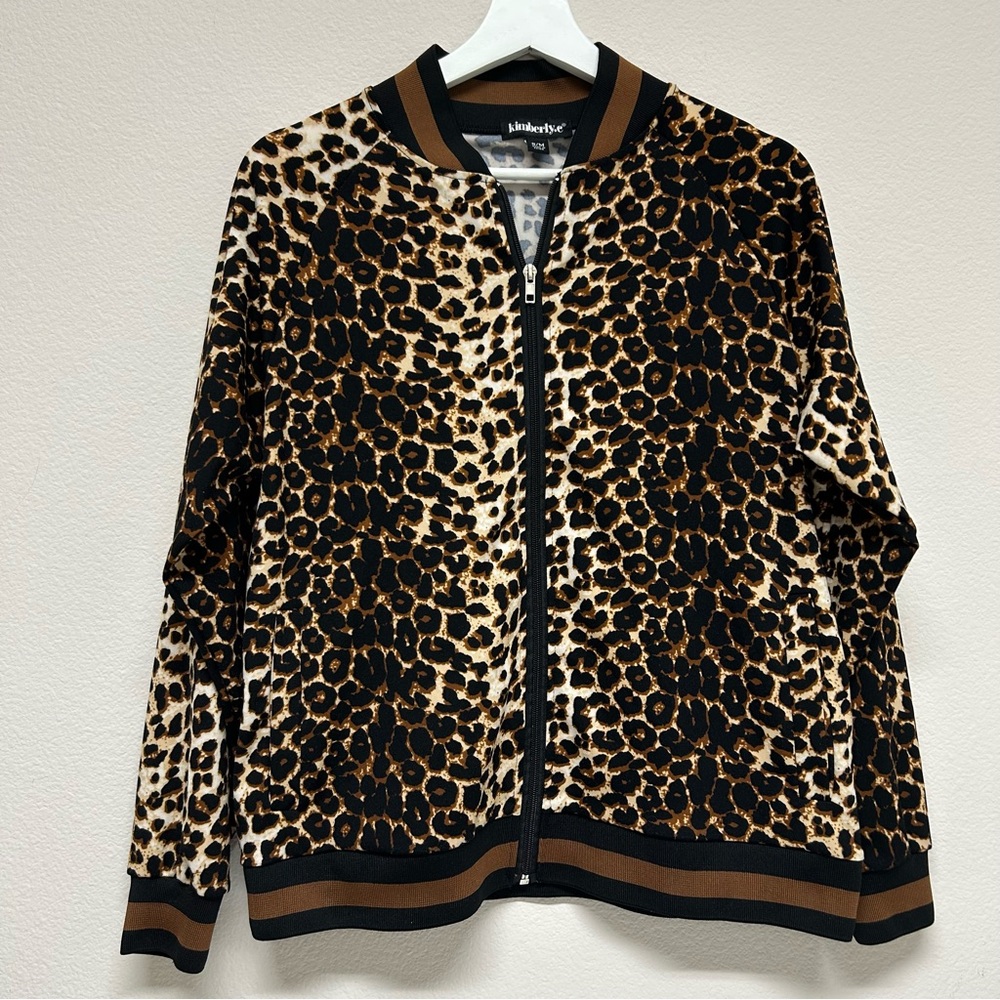 VTG Kimberly.C Leopard Print Bomber Jacket Full Zip Pockets Stretch S/M Brown